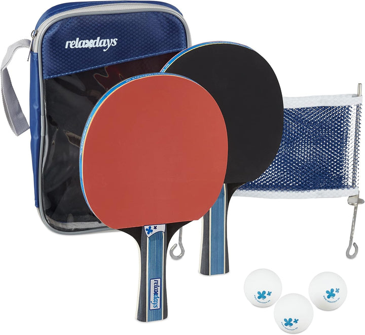 Relaxdays Tischtennis Set, Hülle mit Tischtennis-Netz, 2 Holzschläger, 3 Ping Pong Bälle, Mini Tisch