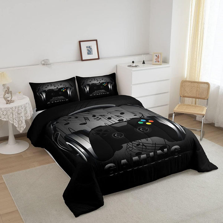 Gaming-Bettwäsche-Set mit Kopfhörern, Game-Controller, schwarz-grau, Videospiel-Dekoration, Musik-Me