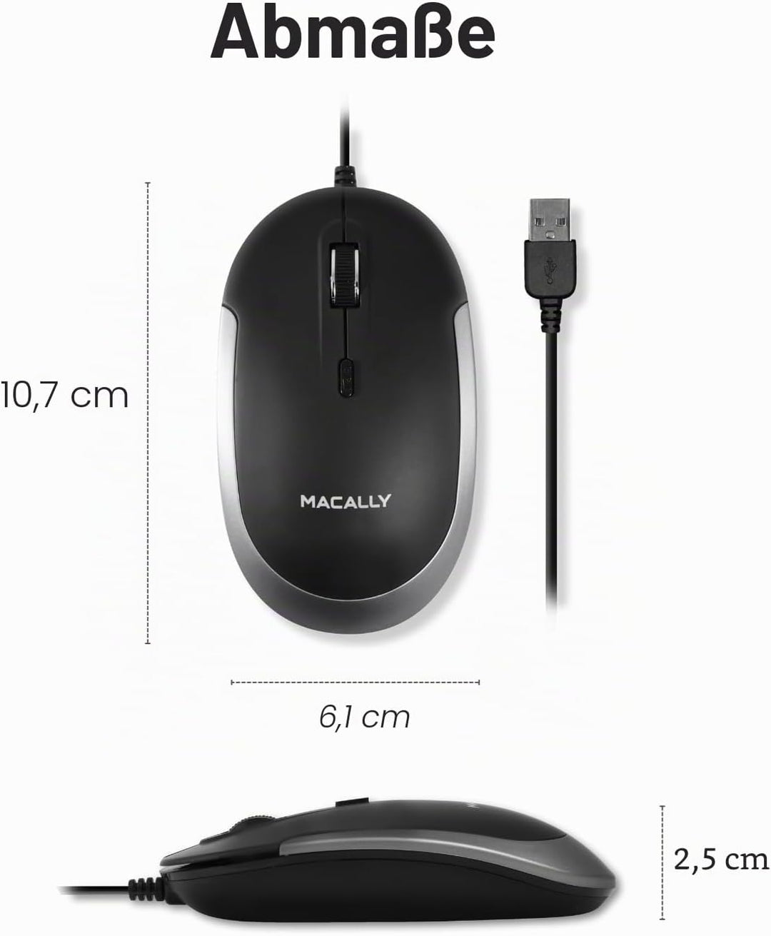 Macally DYNAMOUSE, MacBook Maus mit 3 Tasten und Scrollrad, optisch mit Kabel, Mouse für USB-A Noteb