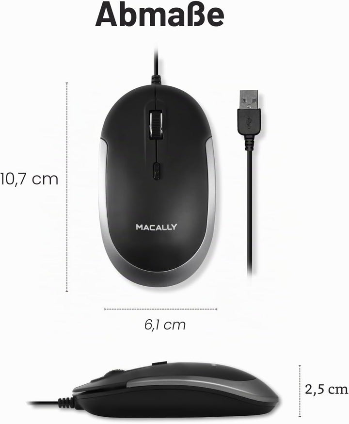Macally DYNAMOUSE, MacBook Maus mit 3 Tasten und Scrollrad, optisch mit Kabel, Mouse für USB-A Noteb