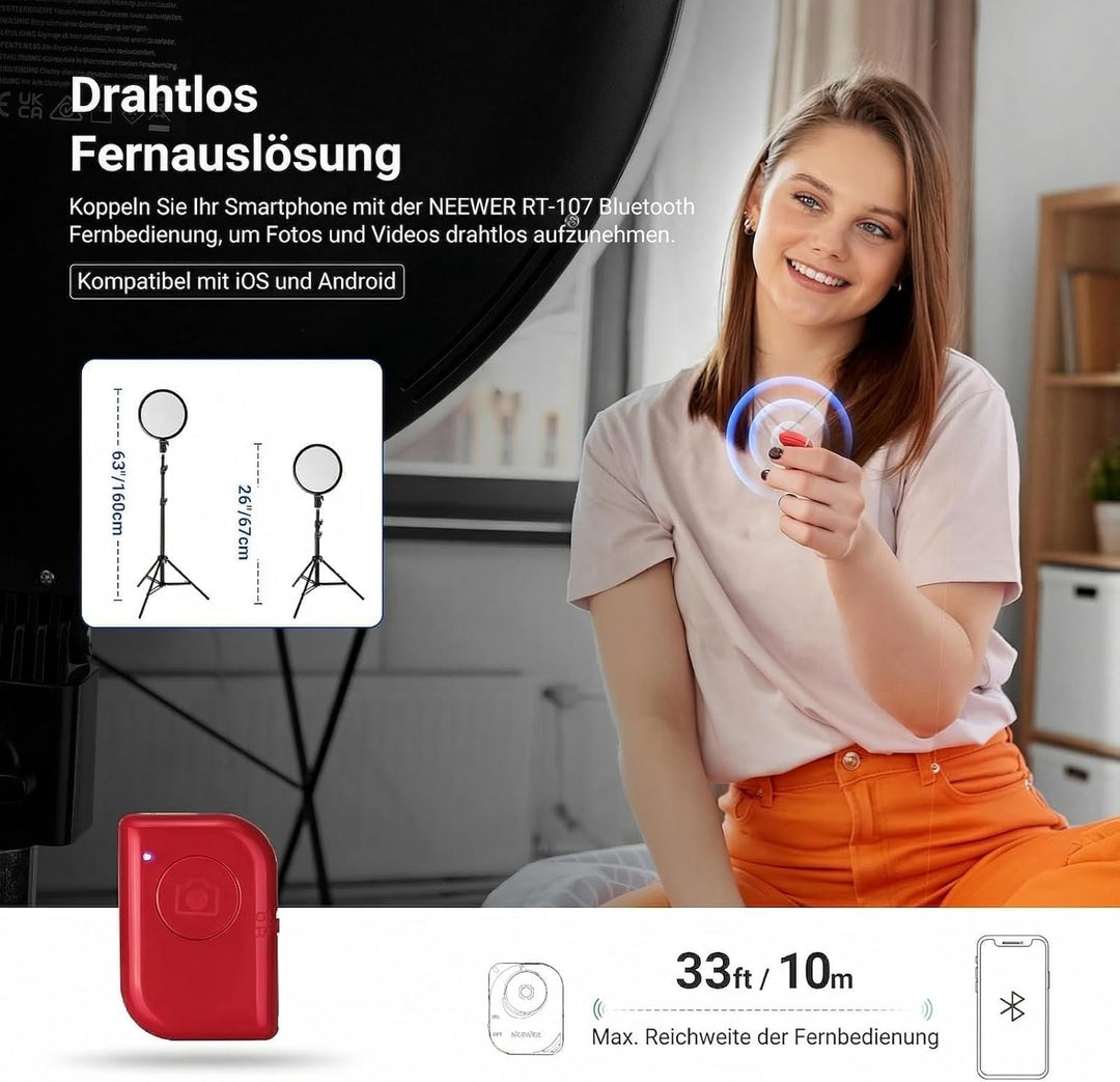 NEEWER BASICS 10" Ringlicht mit 63" Stativ/Handyhalterung/Fernbedienung kompatibel mit iPhone, 15W,