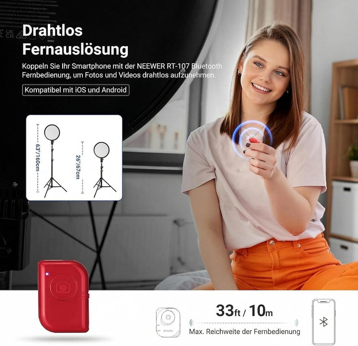 NEEWER BASICS 10" Ringlicht mit 63" Stativ/Handyhalterung/Fernbedienung kompatibel mit iPhone, 15W,