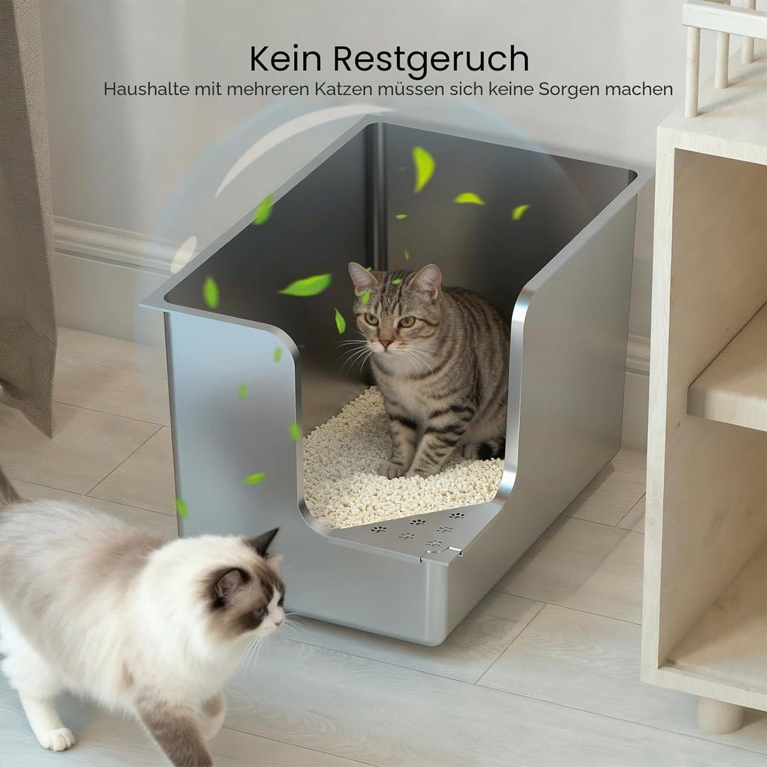 PTLOM Lebensmittelechtes Katzenklo Edelstahl XXL Katzentoilette 30CM hohe Seiten,Ecköffnung, mit Räd