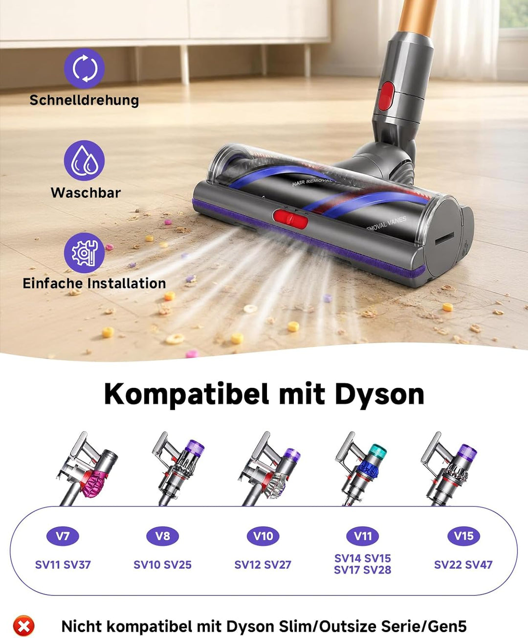 V11 V15 SV22 SV28 Bodendüse Bürste Kompatibel mit Dyson V7, V8, V10, V11, V15 Staubsauger Geeignet f