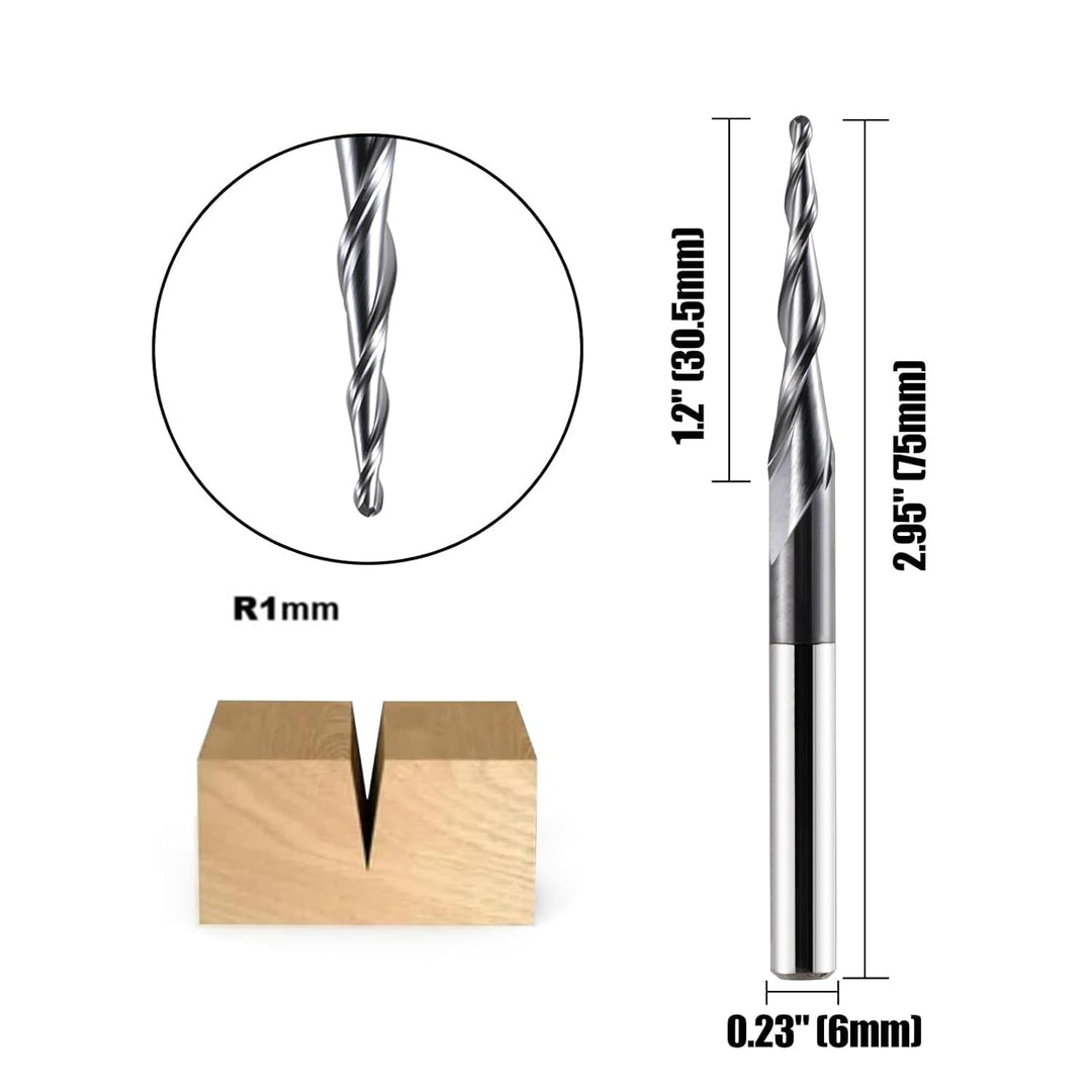 2 Stück VHM Kugelkopffräser Konische Fräser für Oberfräse CNC 2 Flöten 1.0 mm Radius Gravierfräser 6
