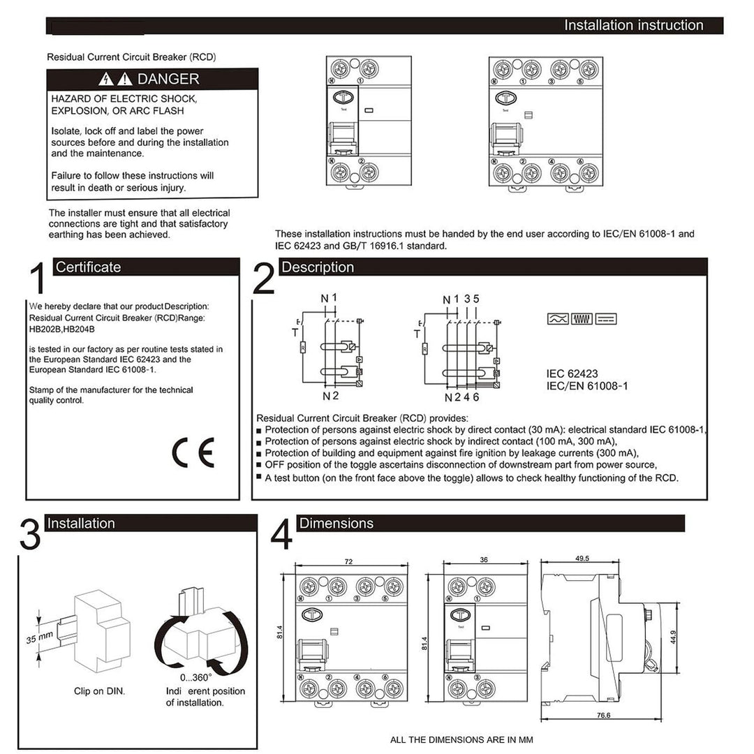 Warmfay FI Fehlerstromschutzschalter RCD Typ B 63A 30mA Allstromsensitiv 4-polig, 63A 30mA