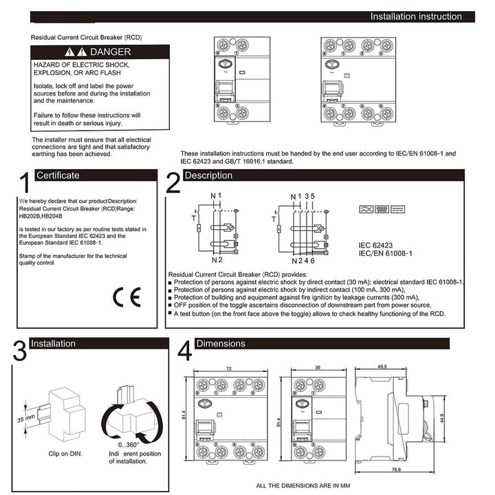 Warmfay FI Fehlerstromschutzschalter RCD Typ B 63A 30mA Allstromsensitiv 4-polig, 63A 30mA