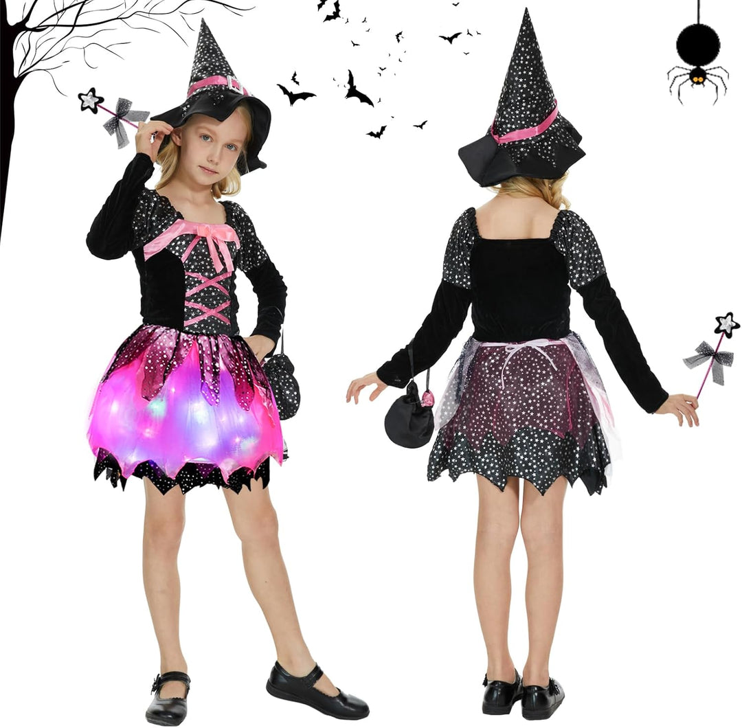 FORMIZON Mädchen Hexen Kostüm, LED Hexenkleid Kinder, Hexenkostüm mit Lichter, Kinder Zauberer verkl