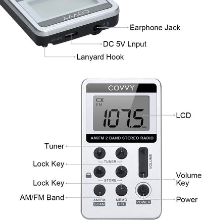 AM/FM Tragbares Radio,Covvy Digitales Pocket Mini Radio mit 500mAh 3.7V Wiederaufladbarer Akku und K