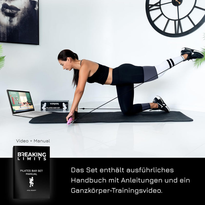 Breaking Limits Pilates Bar Set - Längenverstellbare Fitness Stange + 6 Widerstandsbänder - Ganzkörp