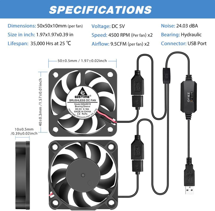 GDSTIME 2 Stück USB Lüfter 50mm 5V PC Lüfter 50mm USB 5010 50 x 50 x 10mm PC Ventilator mit 3 Einste