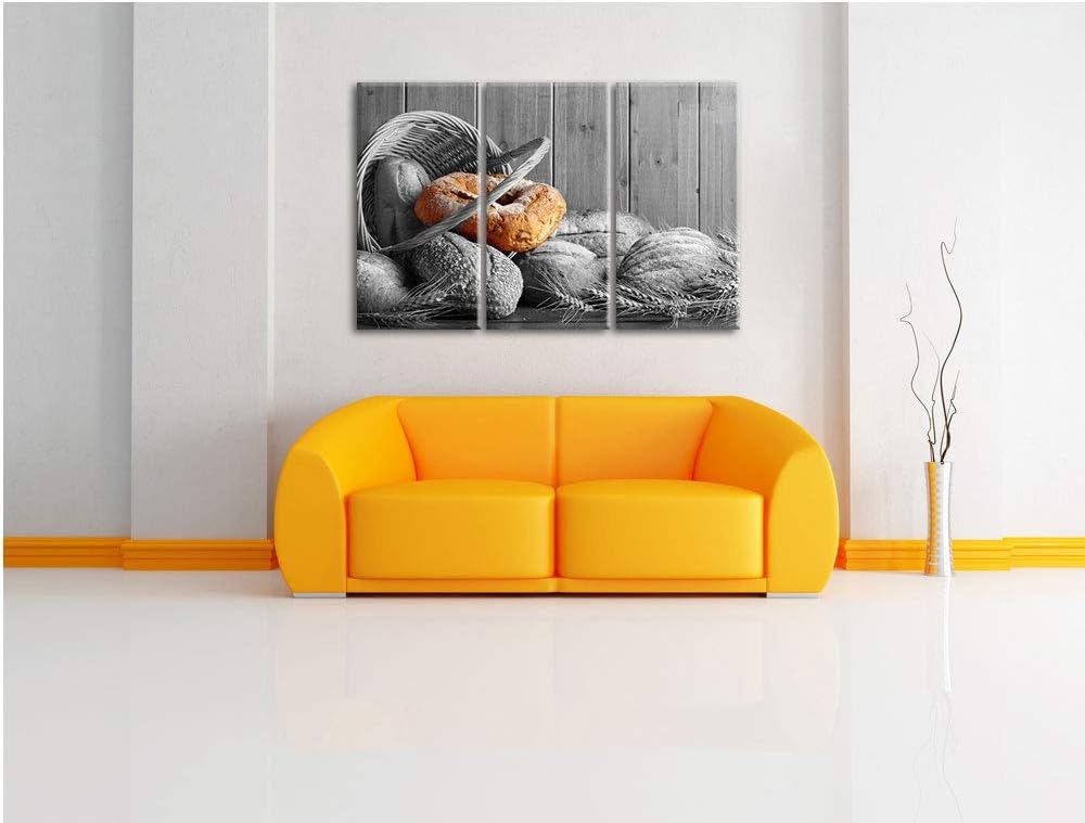 frisch gebackene Brötchen in geflochtenem Korb schwarz/weiss 3-Teiler Leinwandbild 120x80 Bild auf L