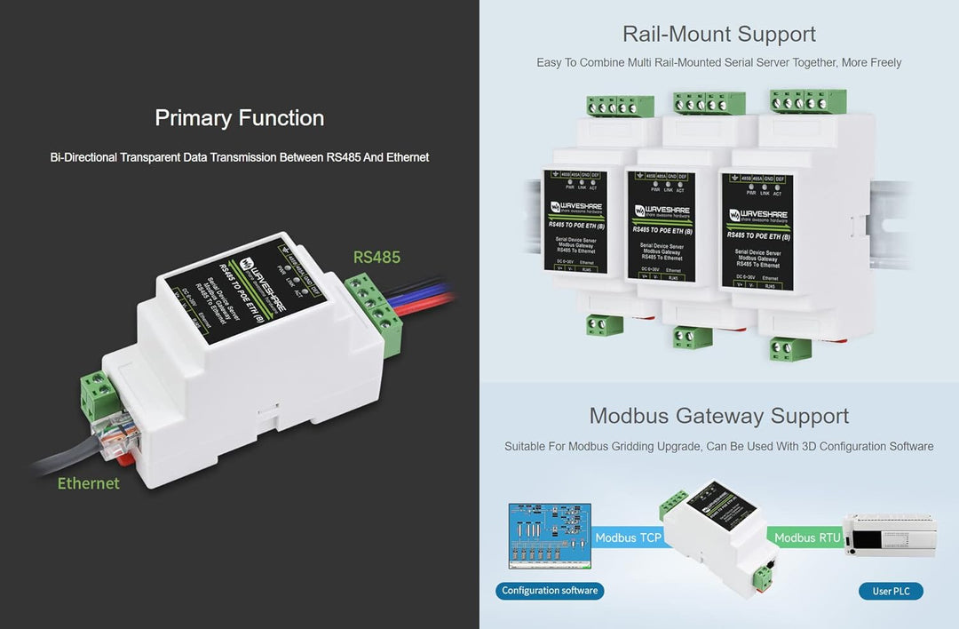 Waveshare Industrial Serial Server RS485 to RJ45 Ethernet TCP/IP to Serial Module Support Rail-Mount