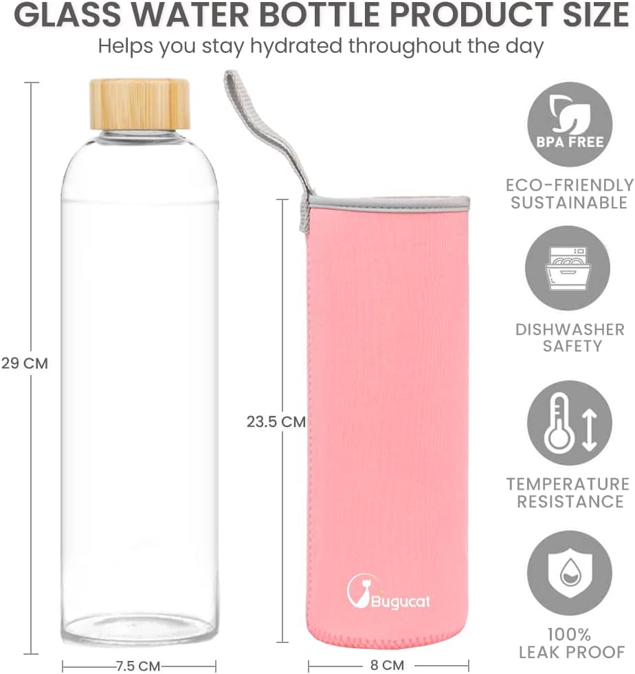 Bugucat Glasflasche 1000 ML, Trinkflasche aus Glas mit chutzhülle，Wasserflasche Auslaufsicher aus Bo