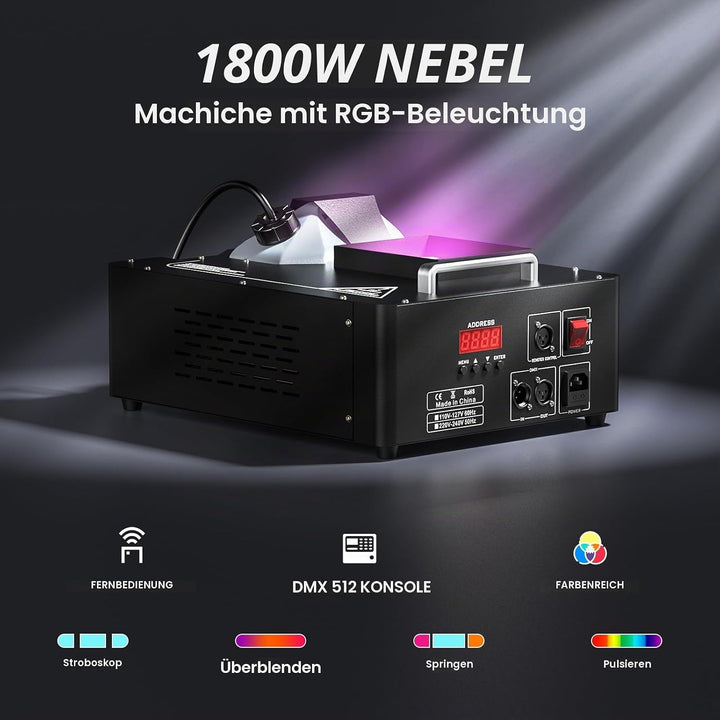 24 LED Nebelmaschine mit Lichteffekt, 1800W Rauchmaschinen Bühneneffekt RGBW Fog Machine mit Fernbed