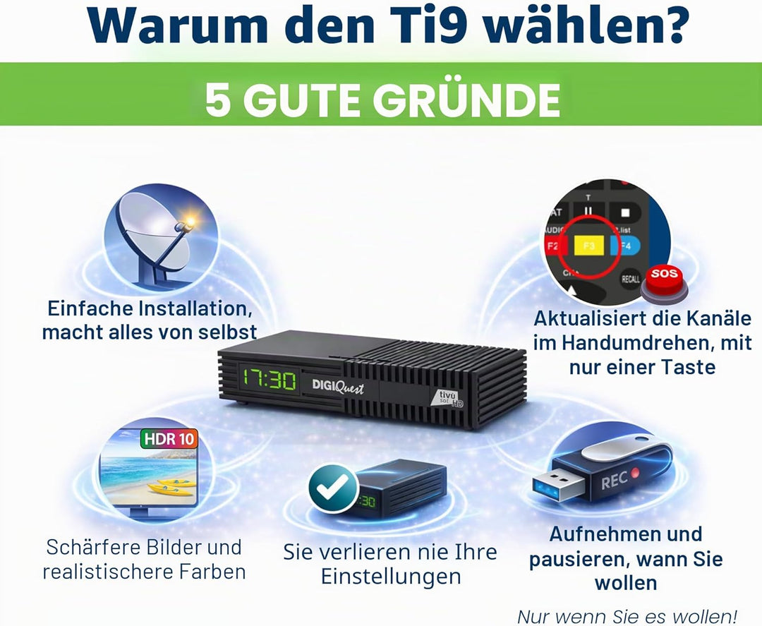 Digiquest Tivùsat Ti9 DVB-S2 Decoder mit Fernbedienung 2 in 1, schwarz, inklusive Tivusat-Karte, Auf