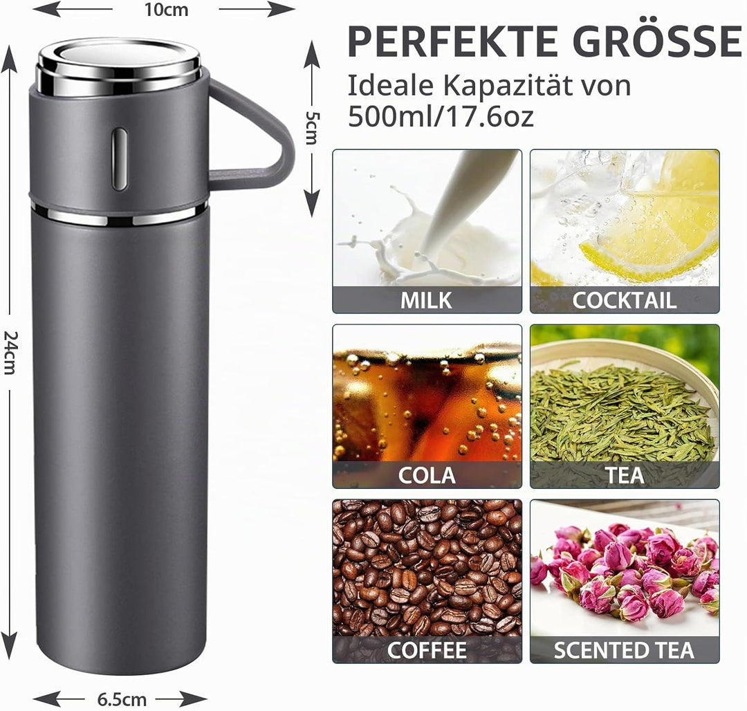 Thermosflasche 500ml mit Becher und Griff, Trinkflasche Edelstahl, Auslaufsichere Isolierflasche für