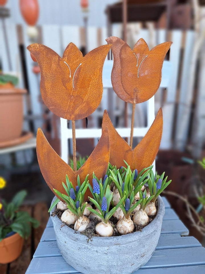 Bornhöft Gartenstecker 2er Set Blume Metall Rost Gartendeko Edelrost Tulpe rostige Dekoration (2er T