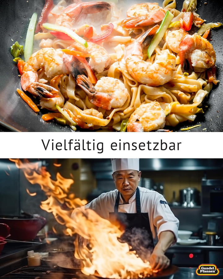 Original Gundel GUSS-WOK, Ø 30 cm, Höhe 10 cm, Rühr-Pfanne PFOA-frei, Akku-Therm Boden - fester Stie