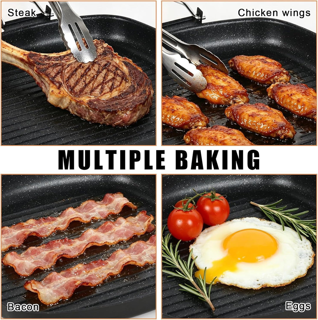 Grillpfanne Induktion, 28 x 28 CM Steakpfanne, Grillpfanne Gusseisen, Antihaft-Grillpfannes Mit Klap