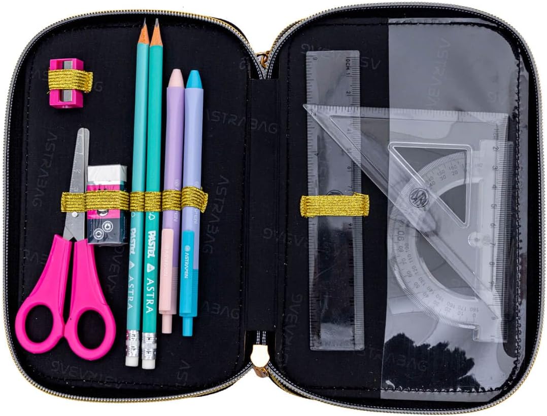 ASTRABAG 3-Fach Mäppchen Federmappe Gefüllt Jumbo Fluffy Kitty Black mit Plüsch und Ohren