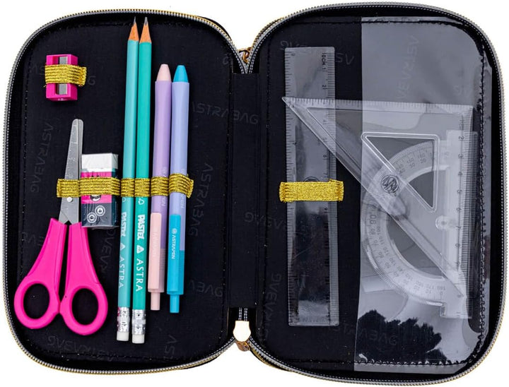 ASTRABAG 3-Fach Mäppchen Federmappe Gefüllt Jumbo Fluffy Kitty Black mit Plüsch und Ohren