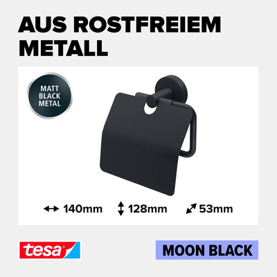 tesa Moon Black Toilettenpapierhalter mit Deckel, matt schwarz - WC-Rollenhalter zur Wandbefestigung