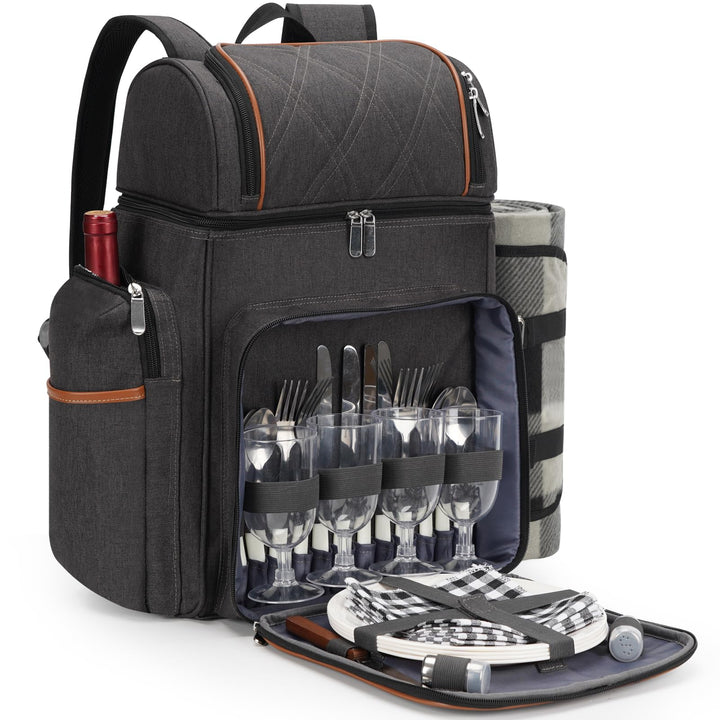 Picknick-Rucksack für 4 Personen, Picknickkorb-Set, auslaufsichere Picknicktasche, Strandkühlrucksac