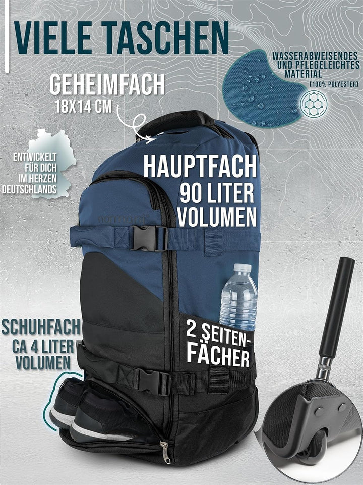 normani Reisetasche Trolley mit Rucksackfunktion 90 Liter - Backpacker mit Frontloader praktischer R