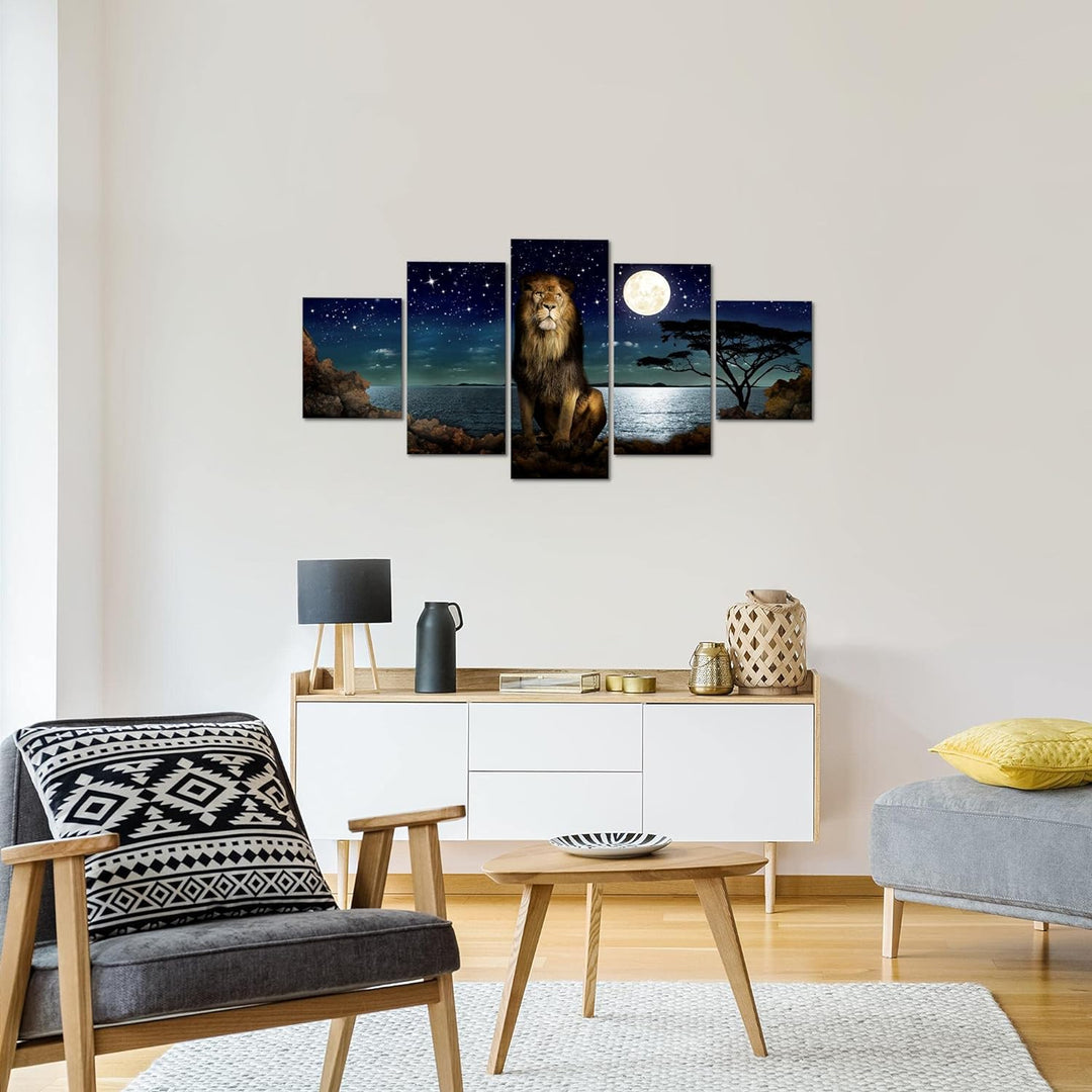 Runa Art Wandbilder Afrika Löwe 5 Teilig Bild auf Vlies Leinwand Deko Wohnzimmer Schlafzimmer Nachth