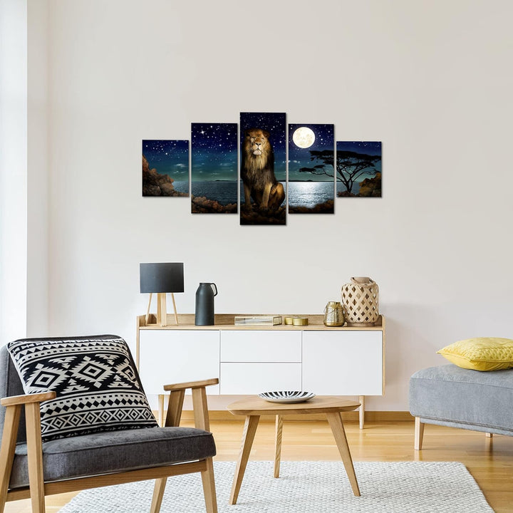 Runa Art Wandbilder Afrika Löwe 5 Teilig Bild auf Vlies Leinwand Deko Wohnzimmer Schlafzimmer Nachth