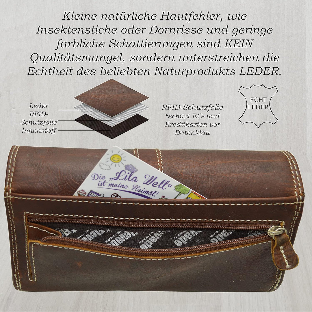 flevado Damengeldbörse Echt Leder RFID Schutz Schnallenoptik Klickverschluss 3 Farben wählbar (Schwa