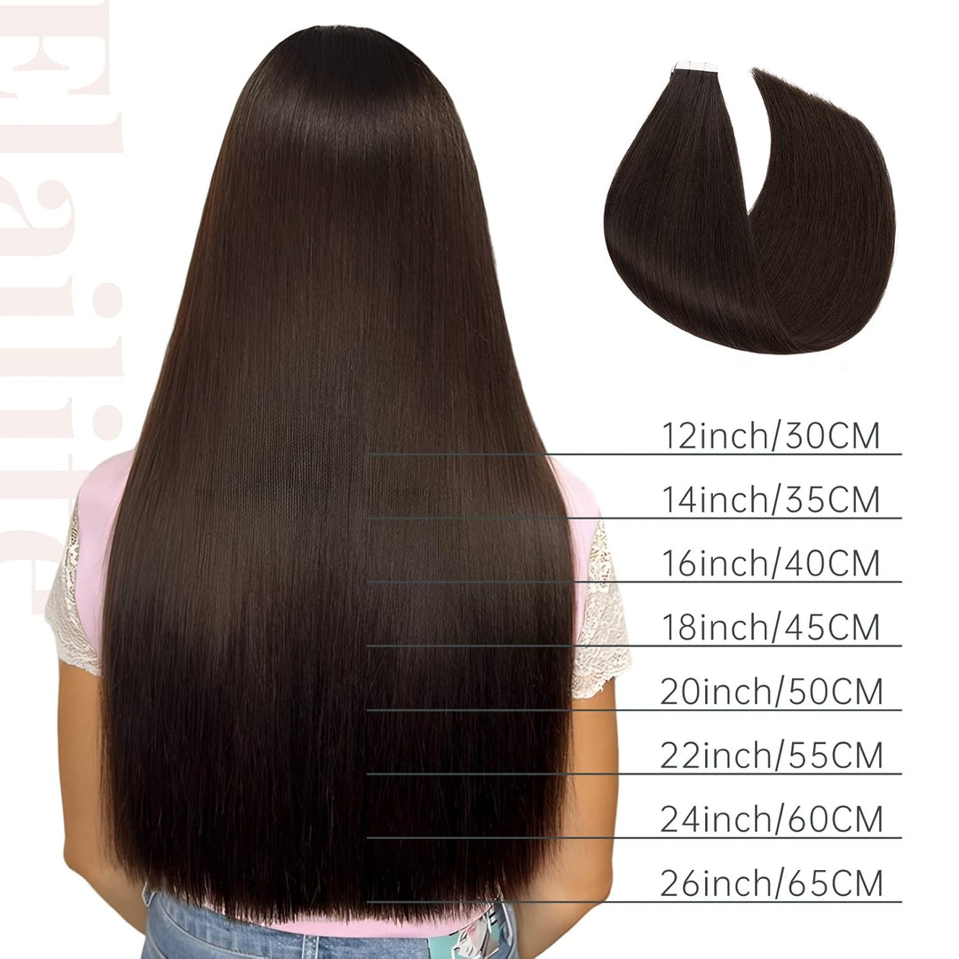 Elailite Echthaar Extensions Tape in 20 Stück #2 Dunkelbraun, Tape in Extensions Echthaar 30g/set, 6