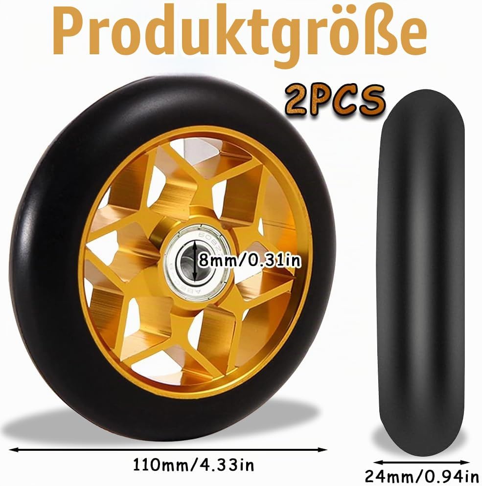 Stunt Scooter Rollen, 2 Stück Ersatzräder für Scooter, 110mm Stunt ScooterReifen mit ABEC, Aluminium