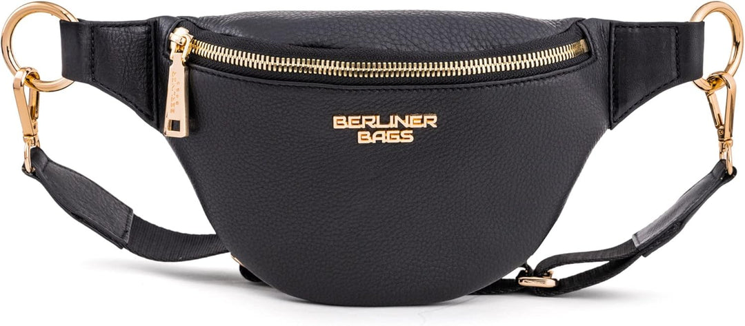 Berliner Bags Premium Bauchtasche Mona Fanny Pack aus Leder Umhängetasche Damen Herren (Schwarz/Gold