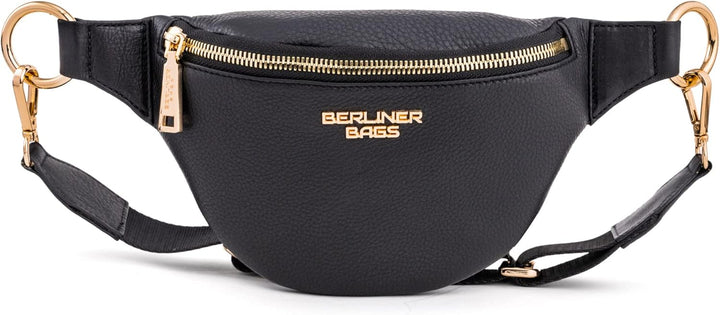 Berliner Bags Premium Bauchtasche Mona Fanny Pack aus Leder Umhängetasche Damen Herren (Schwarz/Gold