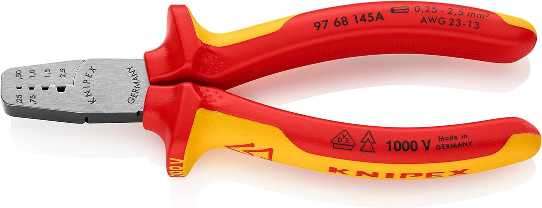 KNIPEX Crimpzange für Aderendhülsen isoliert mit Mehrkomponenten-Hüllen, VDE-geprüft 145 mm, 97 68 1