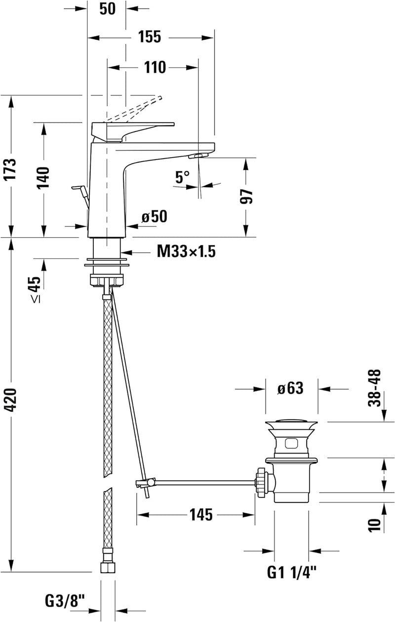 Duravit Tulum Waschtischarmatur, Grösse S (Auslauf Höhe 97 mm), Wasserhahn Bad mit Zugstangen-Ablauf