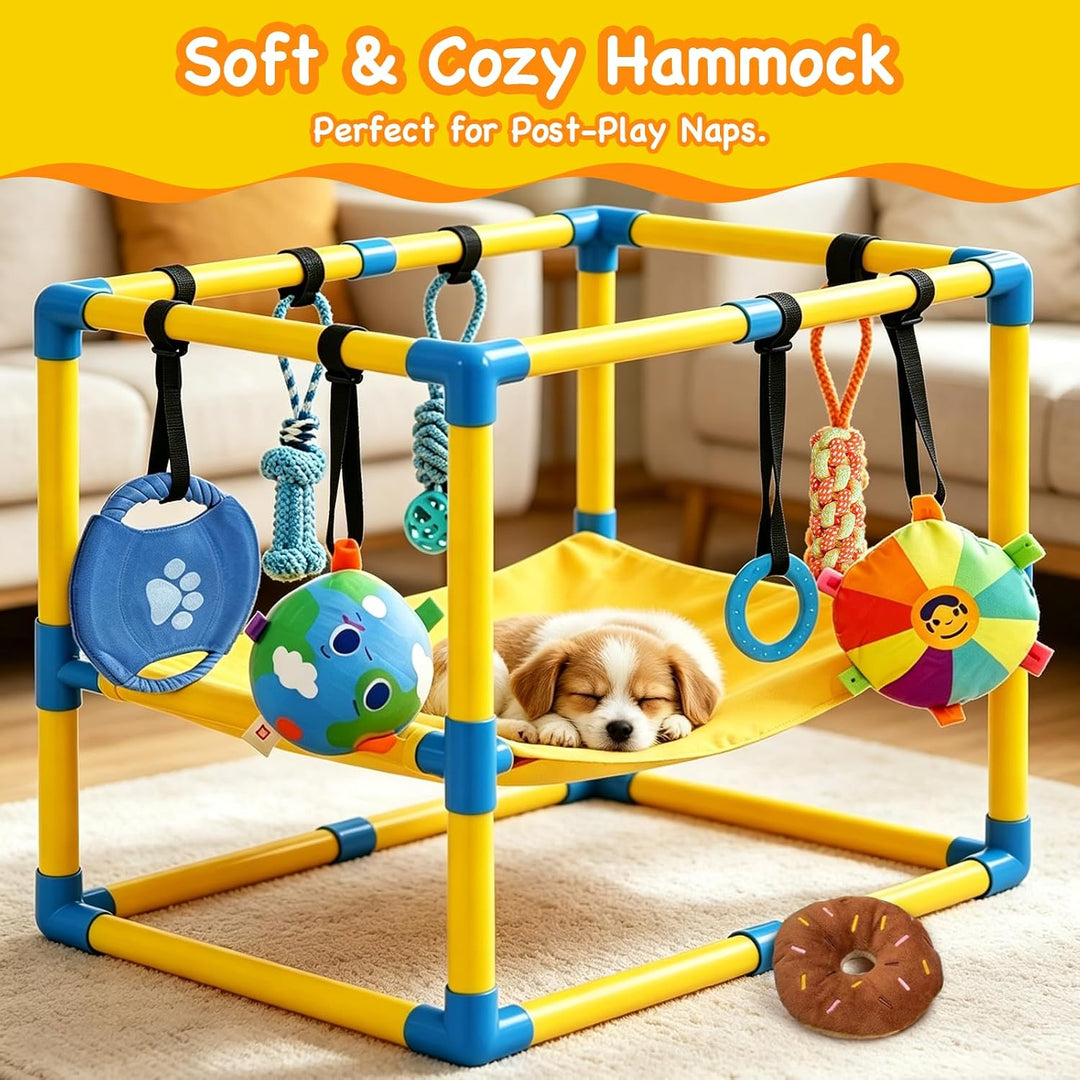Welpen Spielgerüst, 60 × 45 × 40 cm, Welpenspielhalle mit Hängematte &amp; 8 Hängespielzeugen, Verstellb