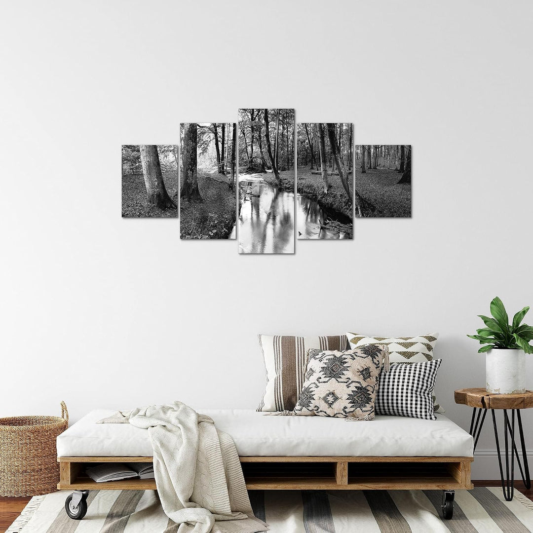 Runa Art Bild Schlafzimmer Wohnzimmer Wald Landschaft 5 Teilig Fluss Grau Wandbilder auf Vlies Leinw
