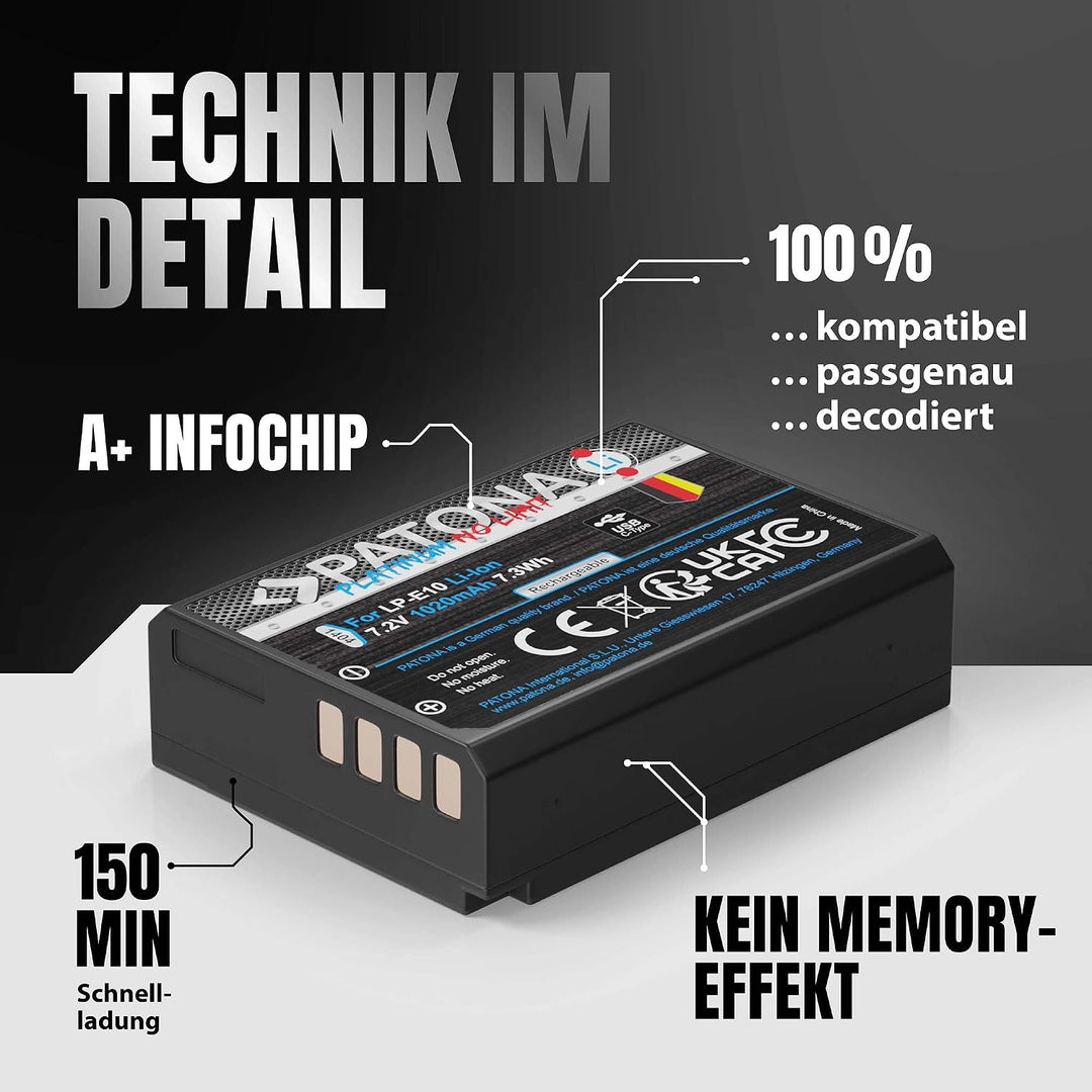 PATONA 2X USB-C Platinum Akku Ersatz für Canon LP-E10 LPE10, 1020mAh 7.2V | Ersatzakku für EOS 1100D