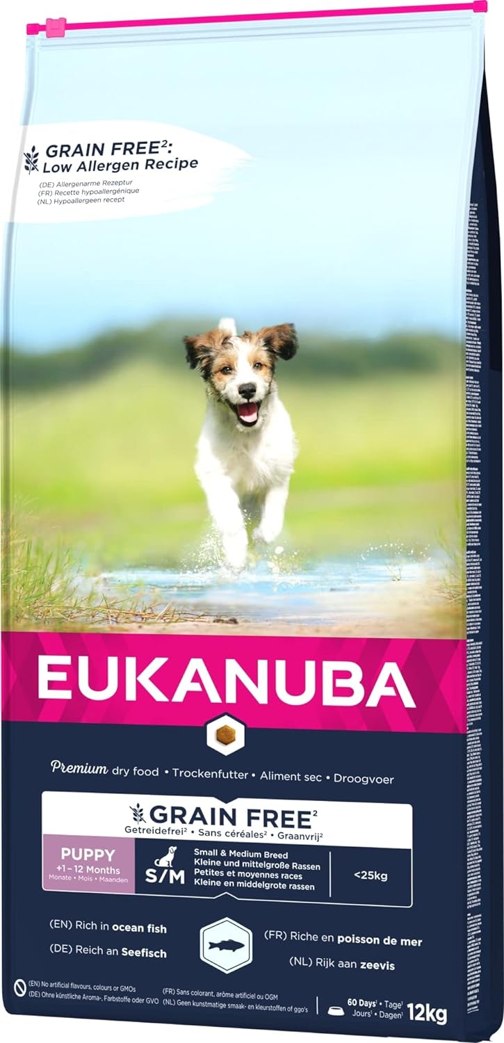 Eukanuba Welpenfutter getreidefrei mit Fisch für kleine und mittelgrosse Rassen - Trockenfutter ohne