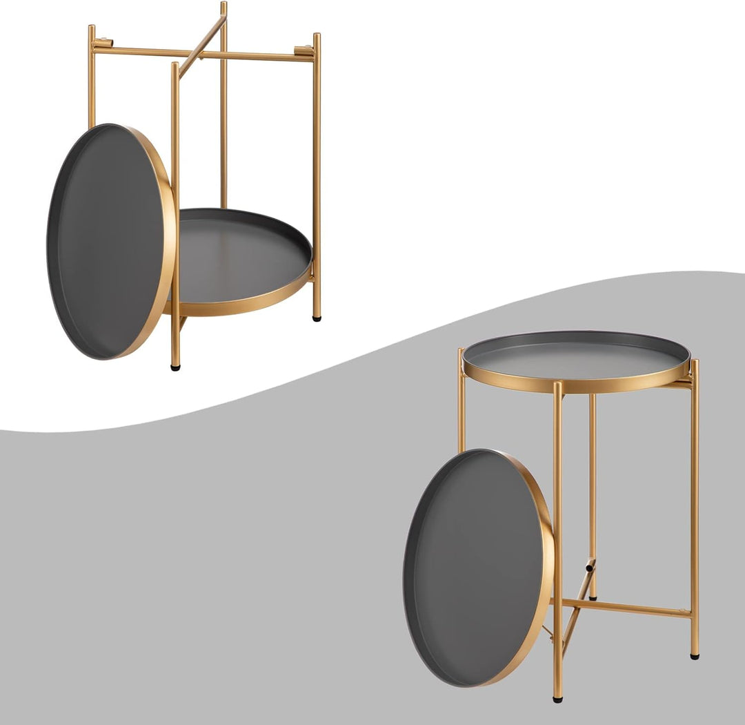 HollyHOME Rund Beistelltisch, 2 Ebenen Beistelltisch Metalltablett, Snacktisch, Balkontisch, Teetisc
