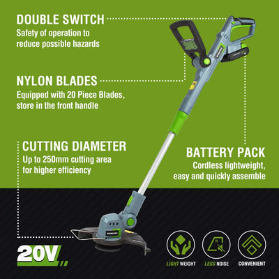 WORKPRO Akku-Rasentrimmer, 20V mit 2,0Ah Akku und Schnellladegerät, kabelloser Rasenmäher, 25 cm Sch