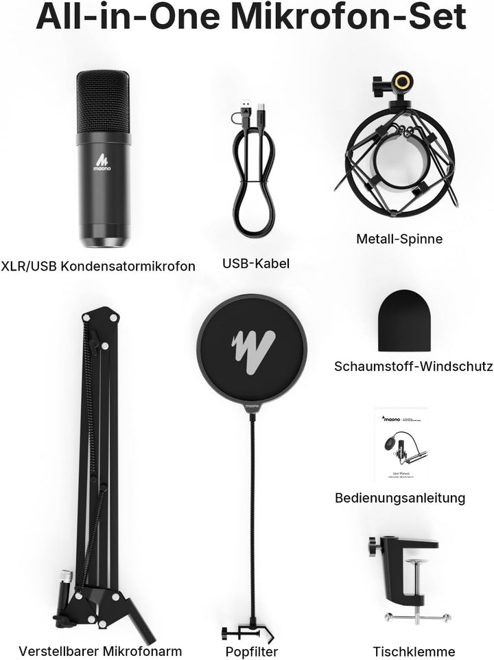 MAONO XLR/USB-Kondensatormikrofon: 192 kHz/24 Bit Plug & Play PC-Computer-Podcast Nieren-Metallmikro