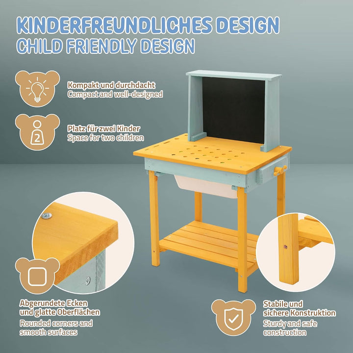 Joyz Werkbank Kinder Holz, Kinderwerkbank mit Tafel &amp; Zubehör, Werkzeugbank Kinder aus massivem Tann