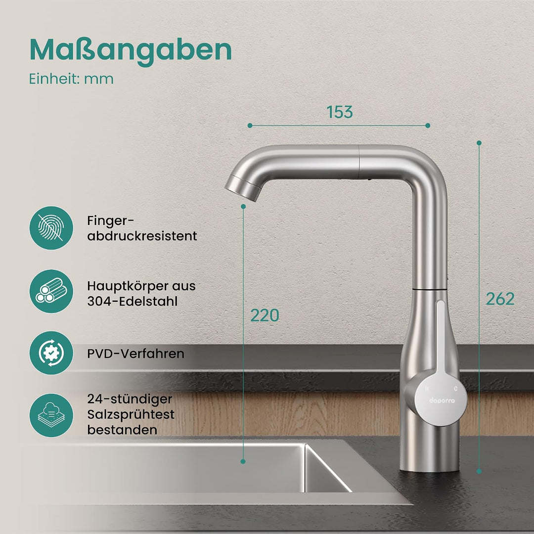 Mai &amp; Mai Wasserhahn Küche ausziehbar, Küchenarmatur Gebürstet silber | Mischbatterie Küche 360°Schw