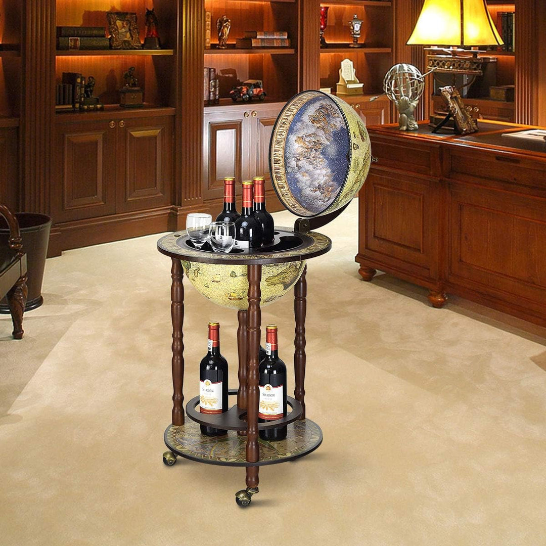 RELAX4LIFE Globusbar mit Rollen, Minibar Massivholz, Weinregal Flaschenregal mit Bodenplatte, Barwag