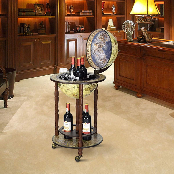 RELAX4LIFE Globusbar mit Rollen, Minibar Massivholz, Weinregal Flaschenregal mit Bodenplatte, Barwag