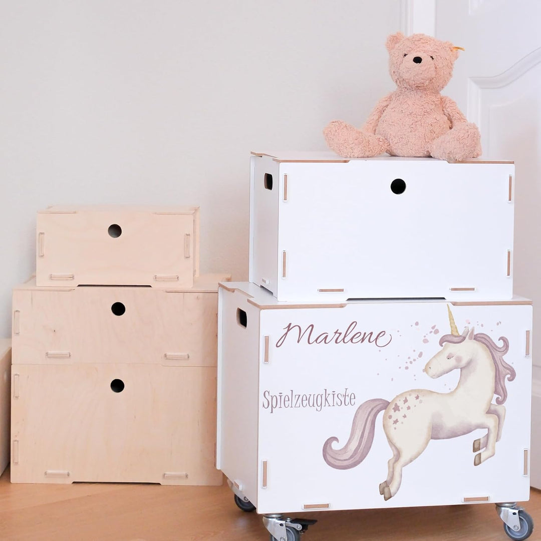 Peronalisierbare Aufbewahrungsbox mit Einhorn Mädchen-Motiv (33x45,5x34,5cm + 6cm Räder-Höhe) Aufbew